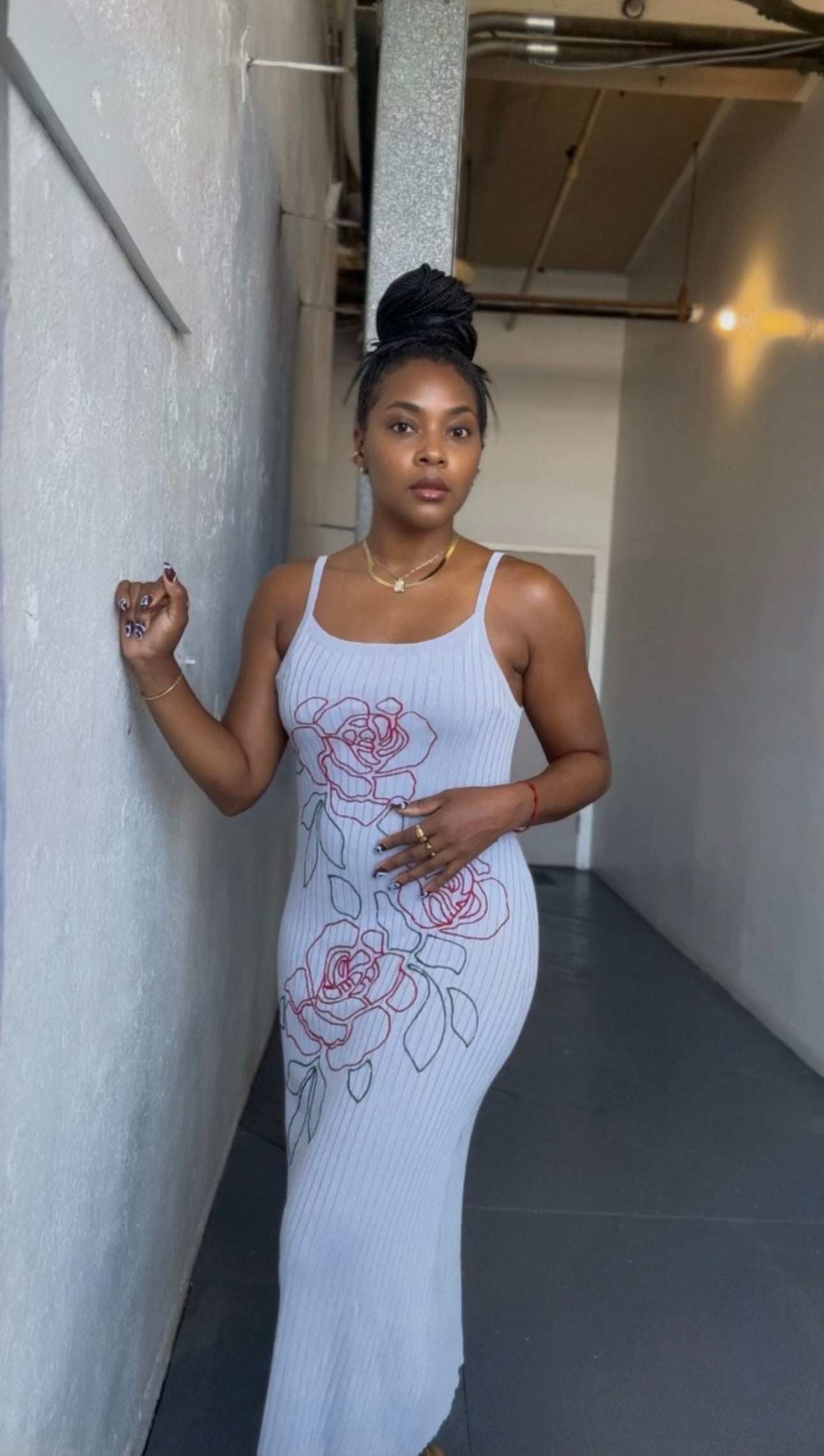 Gimme Roses Embroidered Ribbed Knit Dress