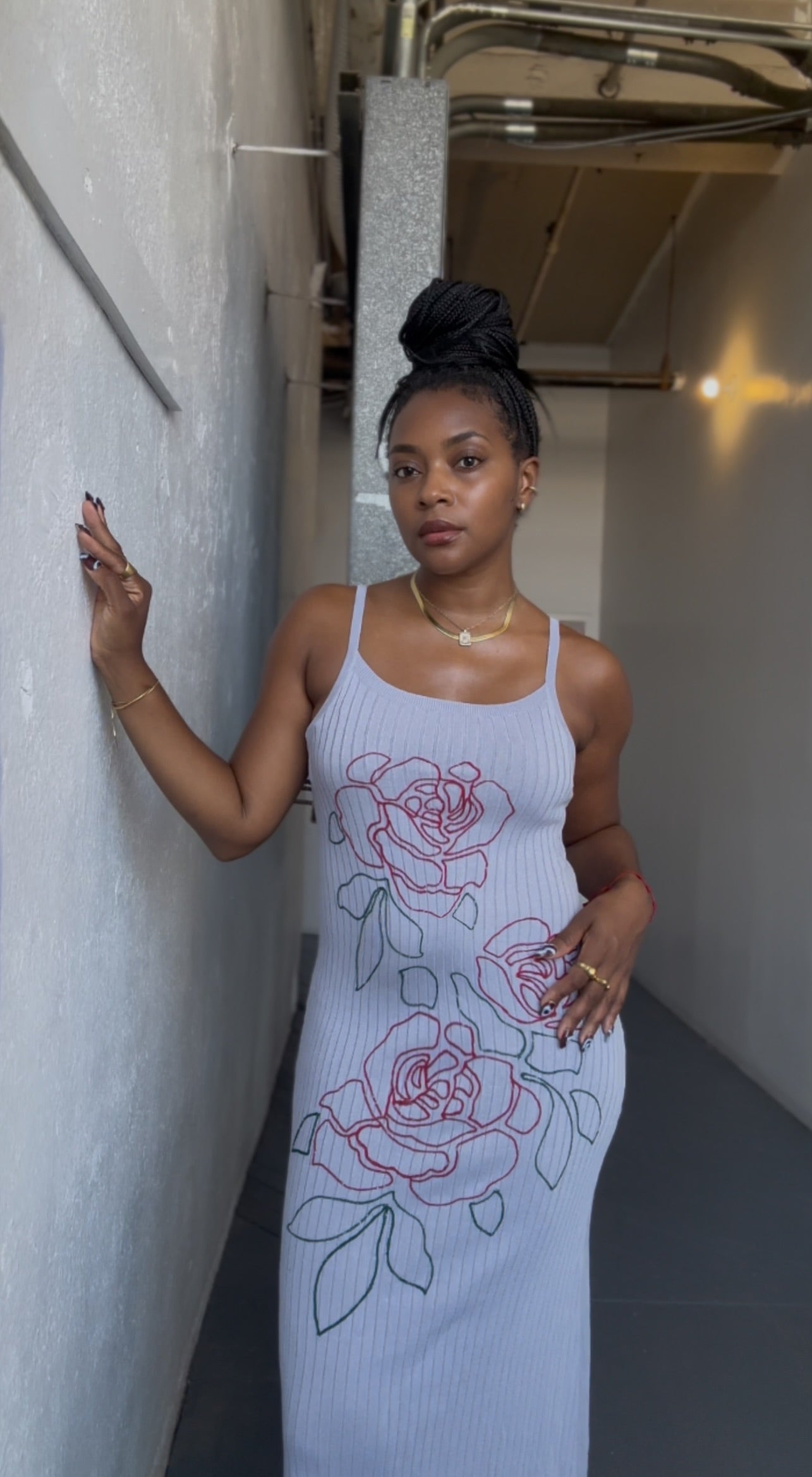 Gimme Roses Embroidered Ribbed Knit Dress