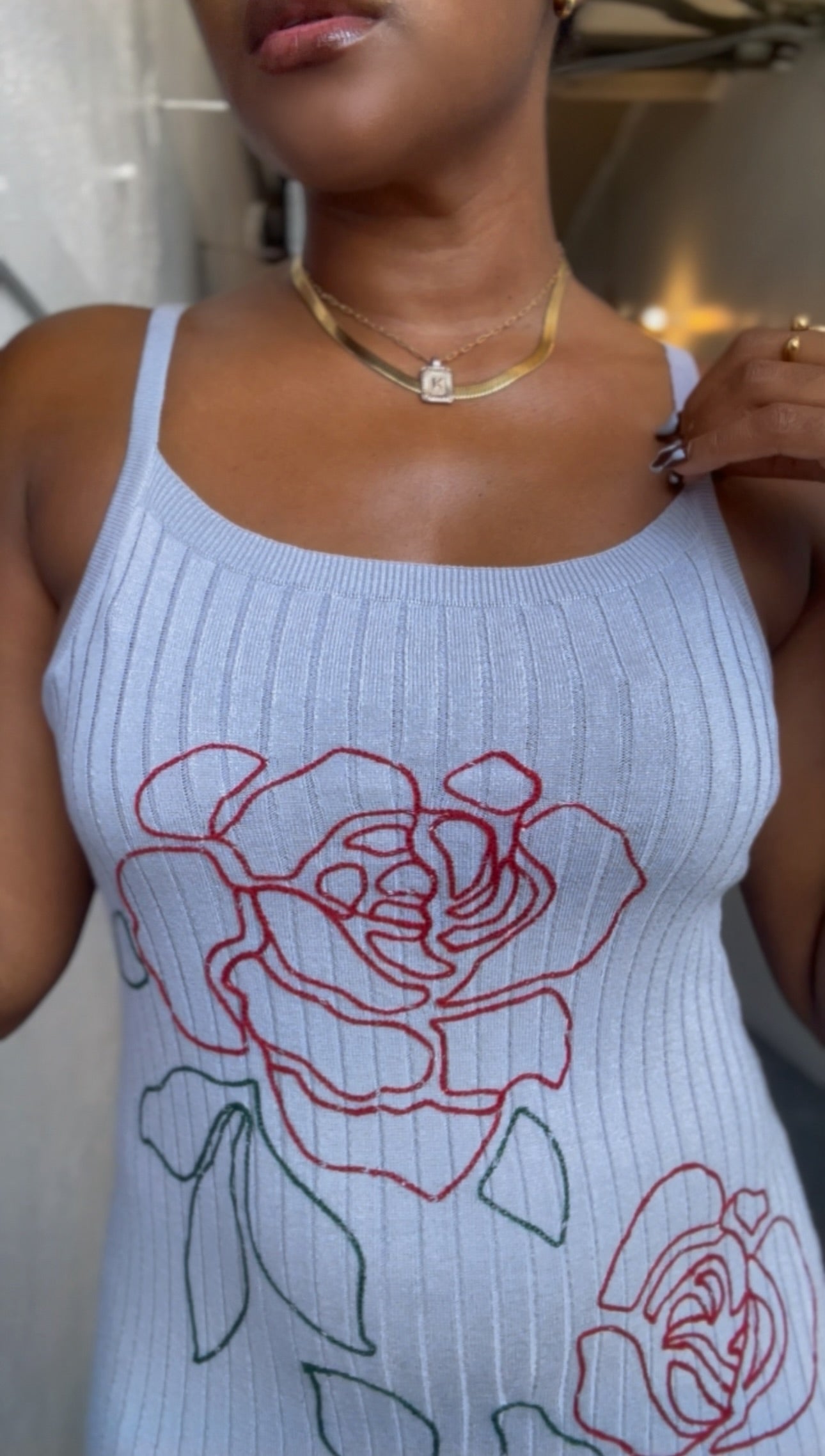 Gimme Roses Embroidered Ribbed Knit Dress