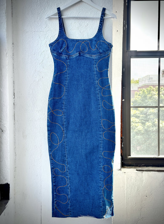 Scribble Blue Jean Embroidered Dress