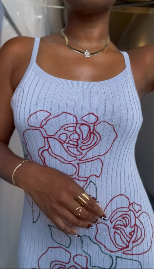 Gimme Roses Embroidered Ribbed Knit Dress