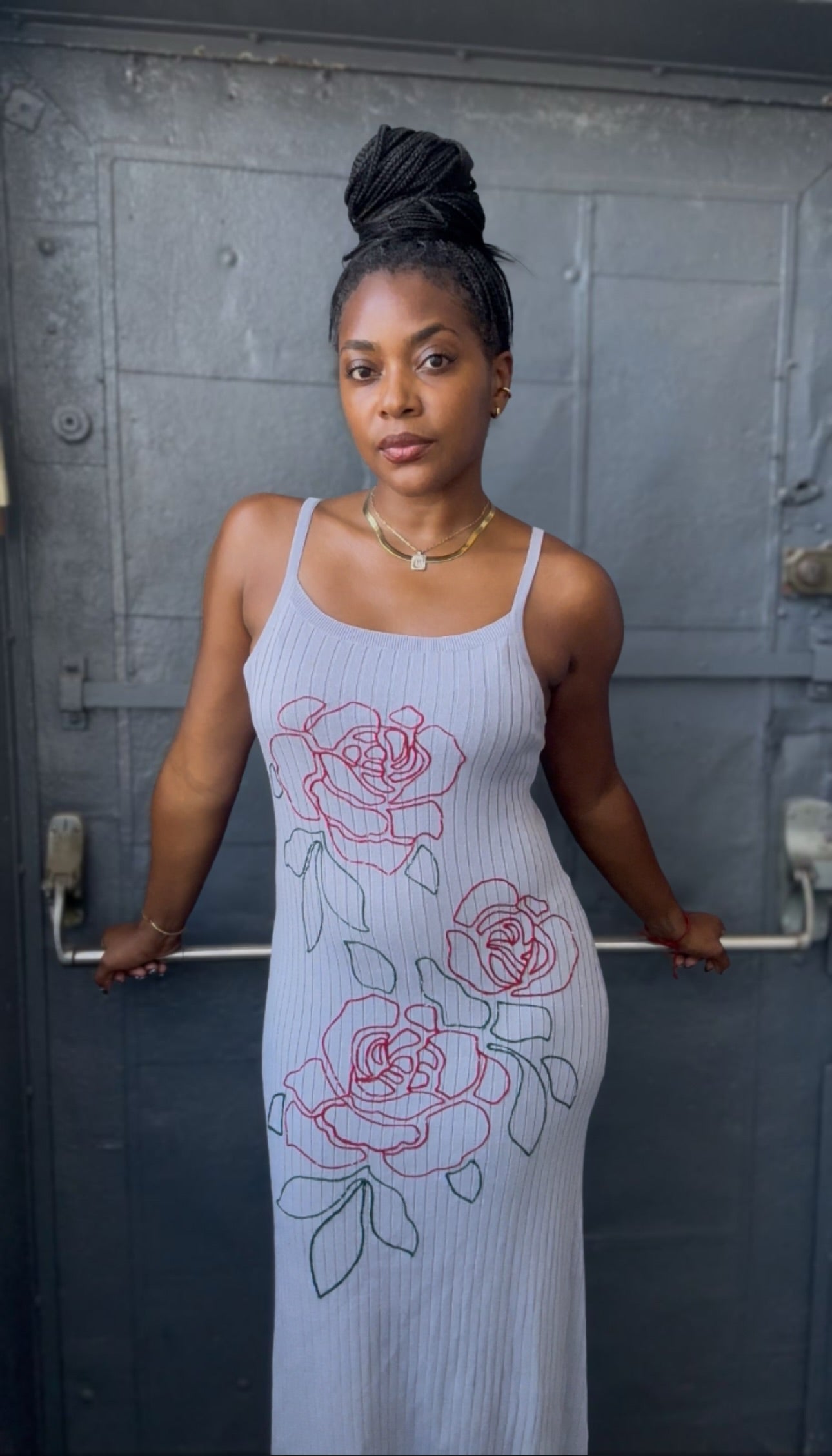 Gimme Roses Embroidered Ribbed Knit Dress