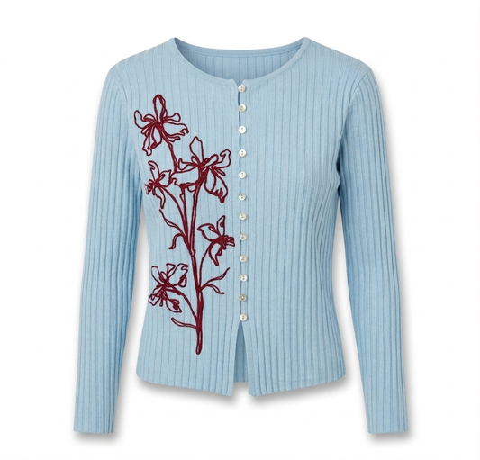 Sky Blue Floral Embroidered Knit Button-Up Top