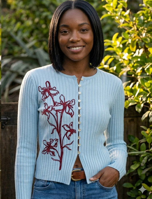 Sky Blue Floral Embroidered Knit Button-Up Top