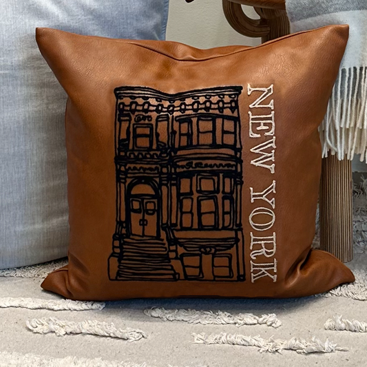 Brooklyn Brownstone, 18x18 Embroidered Faux Leather Pillow