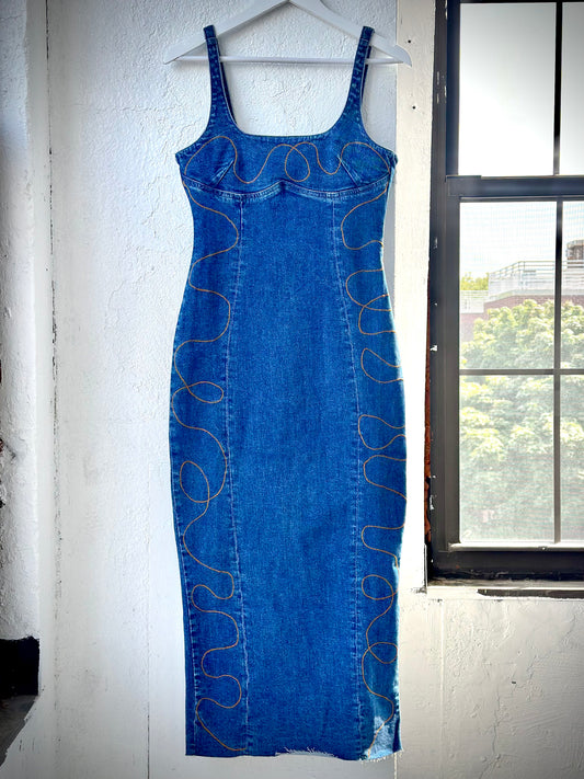 Scribble Blue Jean Embroidered Dress