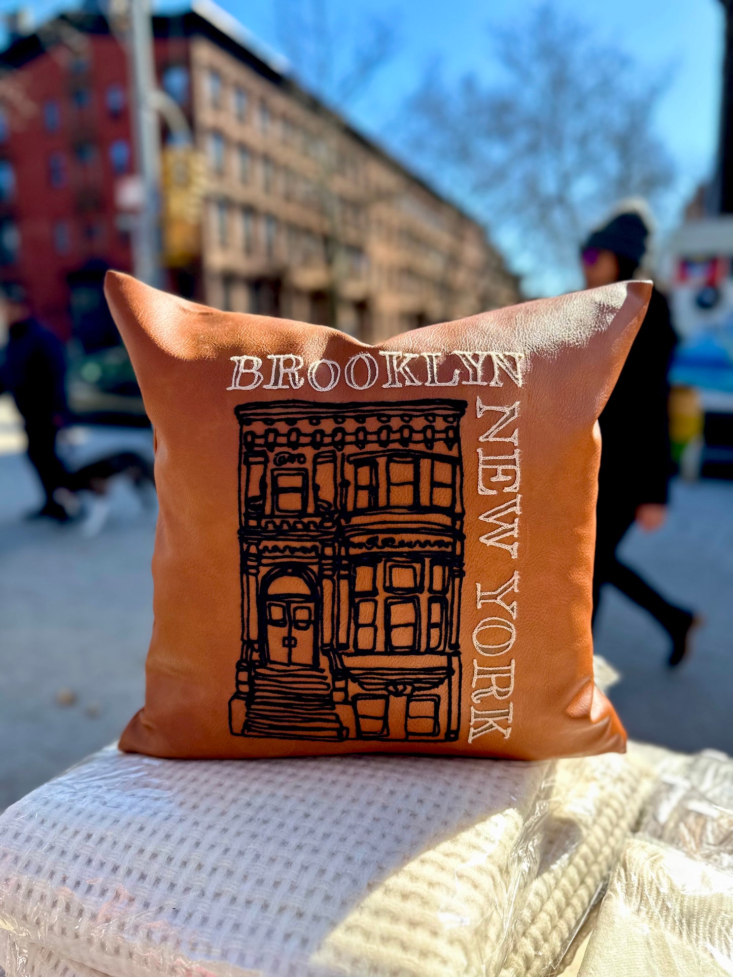 Brooklyn Brownstone, 18x18 Embroidered Faux Leather Pillow