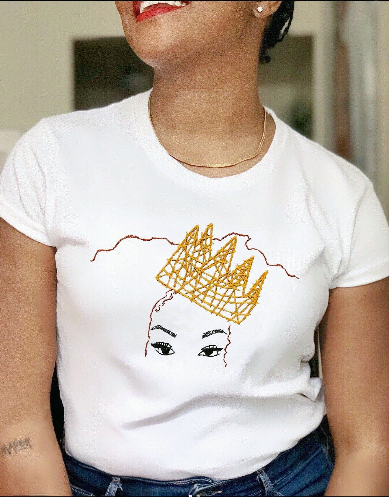 Queenin’ Hand Embroidered T-shirt, Black Female, Black Culture